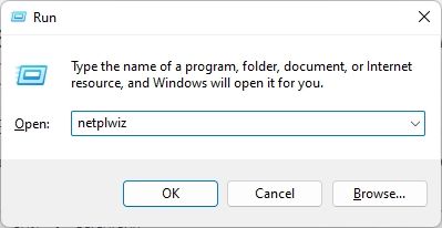 Press the Windows + R keys together to open the Run box. Type netplwiz and hit Enter.