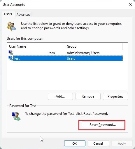 In the User Accounts window, highlight a user account you would like to change password for, and then click the Reset Password button.